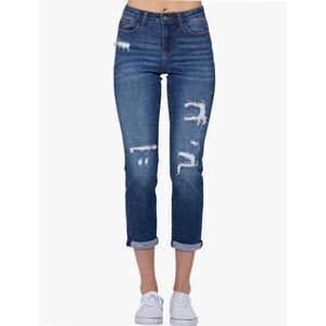 Judy Blue Sz 24W thermal patch boyfriend fit jeans with mid rise NWT